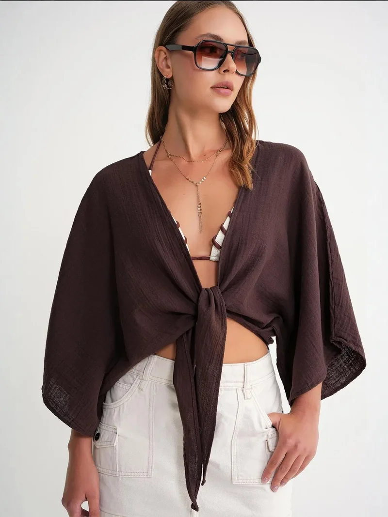 MixRay Mixray Textured V-Neck Bolero Blouse
