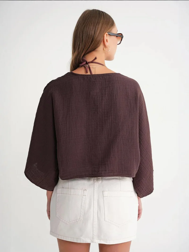 MixRay Coffee Brown Mixray Textured V-Neck Bolero Blouse for Women | Best Price UAE