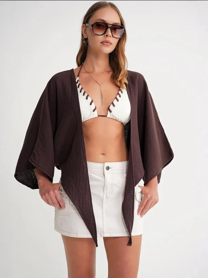 MixRay Coffee Brown Mixray Textured V-Neck Bolero Blouse for Women | Best Price UAE