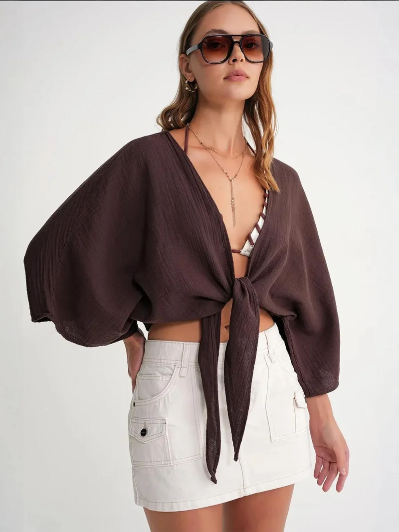 MixRay Coffee Brown Mixray Textured V-Neck Bolero Blouse for Women | Best Price UAE