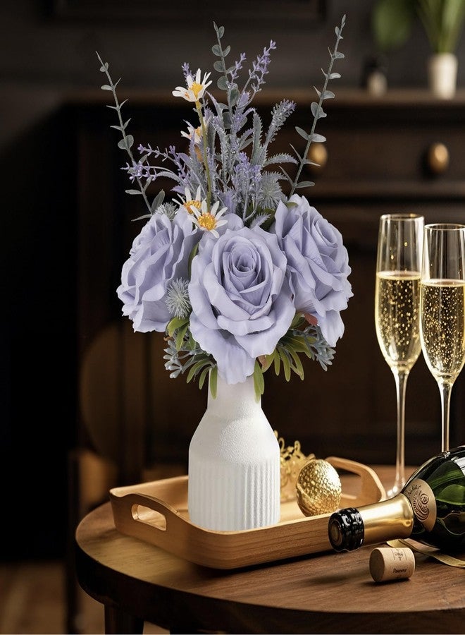 HEMYLU Artificial Flowers in Vase, Silk Roses Flowers Artificial Eucalyptus Lavenders Small Daisies and Fake Plants in White Ceramic Vase, Rustic Farmhouse Floral Arrangements Décor, Plants for Living Room - Image 2