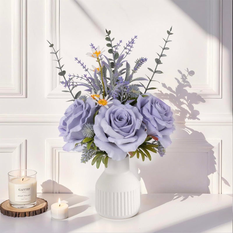 HEMYLU Artificial Flowers in Vase, Silk Roses Flowers Artificial Eucalyptus Lavenders Small Daisies and Fake Plants in White Ceramic Vase, Rustic Farmhouse Floral Arrangements Décor, Plants for Living Room - Image 1