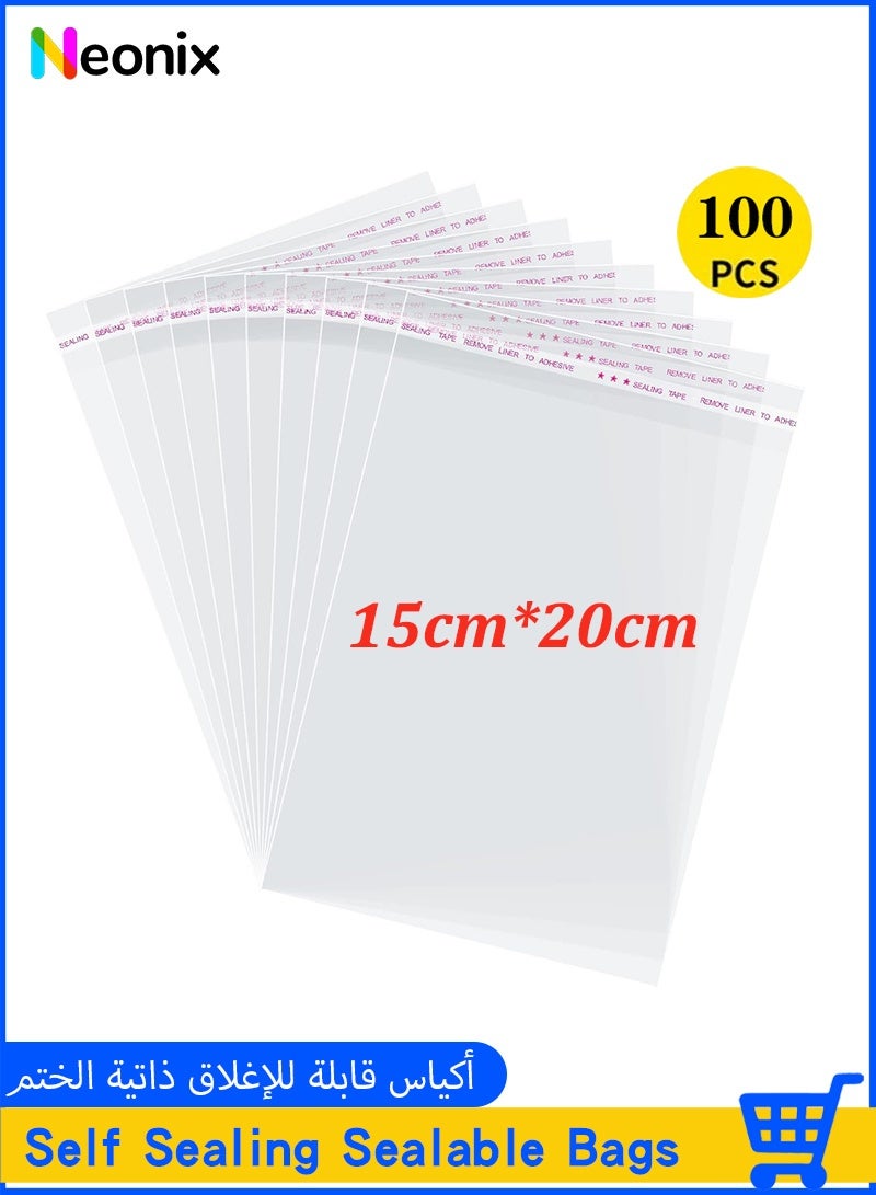نيونيكس أكياس السيلوفان ذاتية الإغلاق، 15x20 سم 100 قطعة أكياس بسكويت شفافة أكياس سيلوفان قابلة لإعادة الإغلاق لتعبئة البسكويت والهدايا والمنتجات والحلوى - Image 1