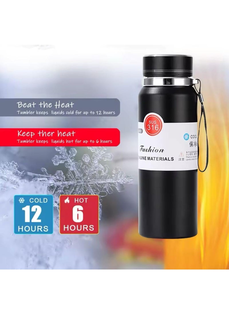 Generic - 1000ml Double-Insulated Stainless Steel Thermal Water Bottle for Cold and Hot Drinks. Leak-Proof Sports Vacuum Flask. Black. Sold by (Black Fire). - Image 1