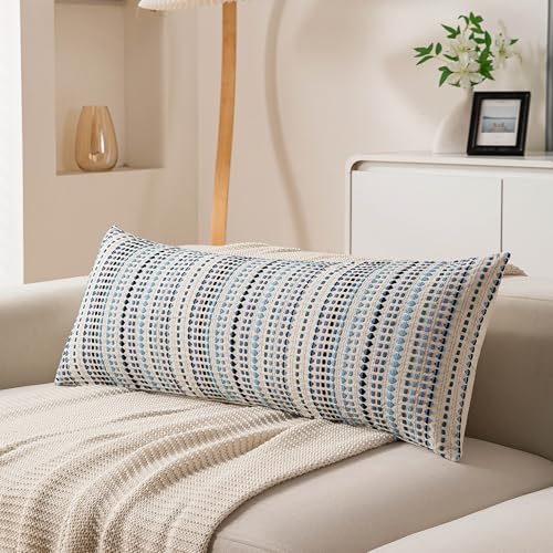 KOOLIFE Boho Long Lumbar Body Decorative Throw Pillow Covers 14x36 Inch Pack of 1 Blue Woven Striped Pillow Covers Cotton Accent Pillowcase Farmhouse Cushion Covers for Home Decor Bed Couch Sofa Bench - Image 1