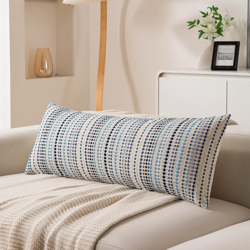 KOOLIFE Boho Long Lumbar Body Decorative Throw Pillow Covers 14x36 Inch Pack of 1 Blue Woven Striped Pillow Covers Cotton Accent Pillowcase Farmhouse Cushion Covers for Home Decor Bed Couch Sofa Bench - Image 2