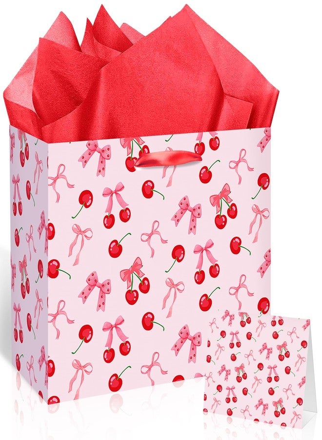 Woosytoo Cherry Birthday Party Gift Bag, Coquette Cherry Bow Wrapping Bag with Tissue Paper and Card Bow Fruit Themed Wrapping Paper for Girls Kids Teens Baby Shower Women Birthday Party Favors - Image 1