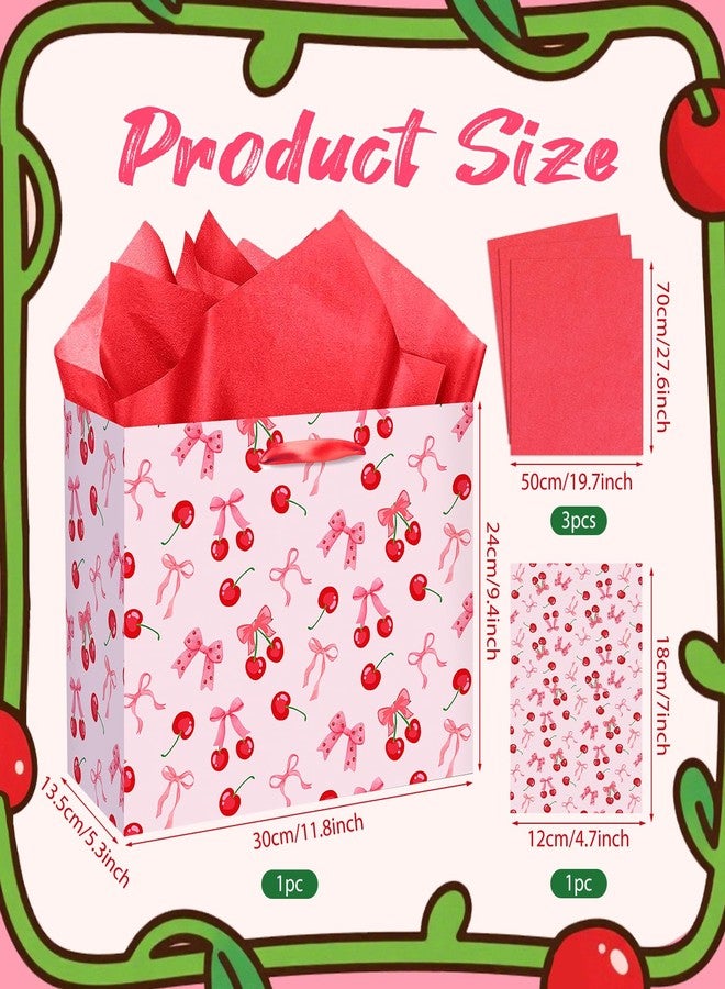 Woosytoo Cherry Birthday Party Gift Bag, Coquette Cherry Bow Wrapping Bag with Tissue Paper and Card Bow Fruit Themed Wrapping Paper for Girls Kids Teens Baby Shower Women Birthday Party Favors - Image 2