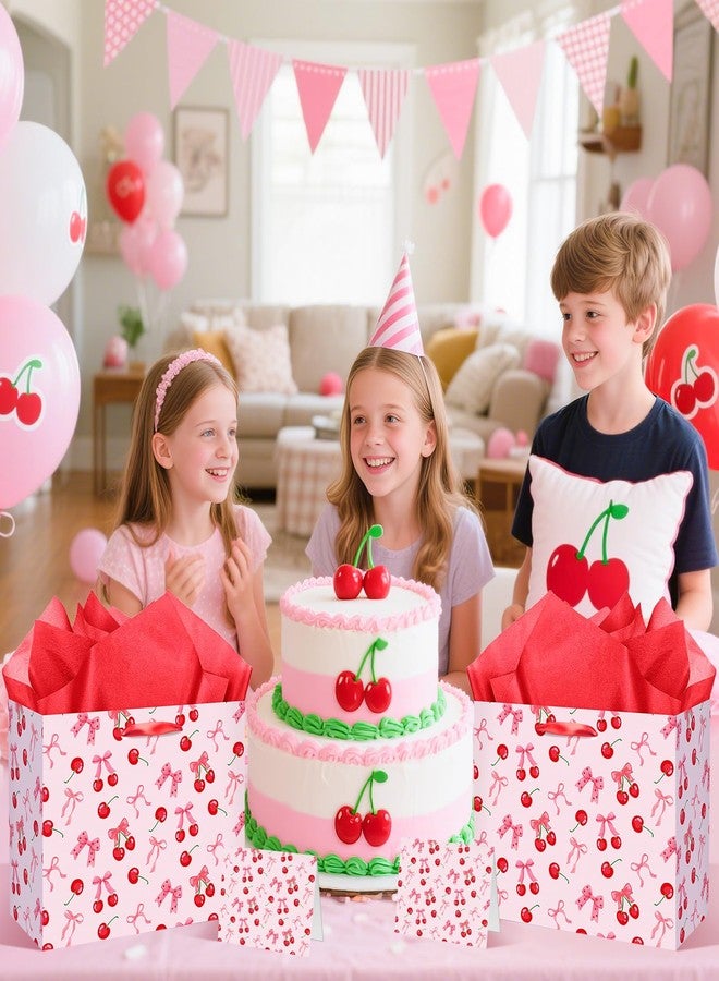 Woosytoo Cherry Birthday Party Gift Bag, Coquette Cherry Bow Wrapping Bag with Tissue Paper and Card Bow Fruit Themed Wrapping Paper for Girls Kids Teens Baby Shower Women Birthday Party Favors - Image 3