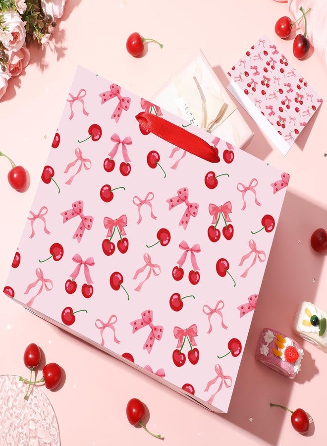 Woosytoo Cherry Birthday Party Gift Bag, Coquette Cherry Bow Wrapping Bag with Tissue Paper and Card Bow Fruit Themed Wrapping Paper for Girls Kids Teens Baby Shower Women Birthday Party Favors - Image 5