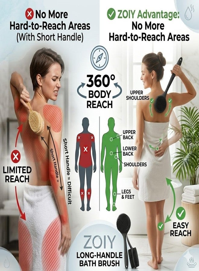 ZOIY Back Scrubber for Shower Long Handle, Silicone Bath Brush with Soft Exfoliating Bristles, Body Scrubber for Deep Skin Cleansing, Shower Brush for Men & Women, Bath Cleaning Brush, Multicolor, Pack of 1 - Image 5