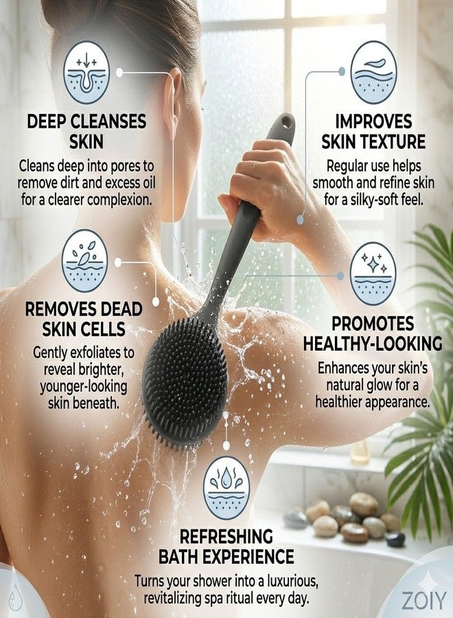 ZOIY Back Scrubber for Shower Long Handle, Silicone Bath Brush with Soft Exfoliating Bristles, Body Scrubber for Deep Skin Cleansing, Shower Brush for Men & Women, Bath Cleaning Brush, Multicolor, Pack of 1 - Image 4