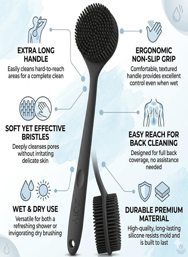 ZOIY Back Scrubber for Shower Long Handle, Silicone Bath Brush with Soft Exfoliating Bristles, Body Scrubber for Deep Skin Cleansing, Shower Brush for Men & Women, Bath Cleaning Brush, Multicolor, Pack of 1 - Image 3