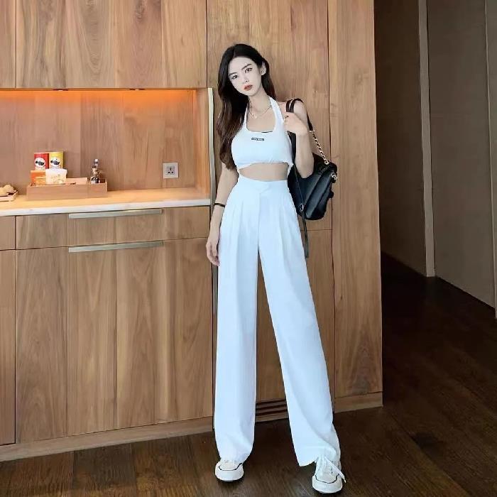 Womens Spring and Summer 2023 New High Waist Belly Covering Slimming Hose Loose Casual Long Pants with Wide Legs Pitaya - Image 3