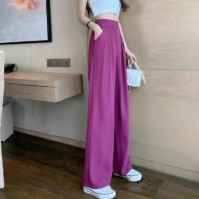 Womens Spring and Summer 2023 New High Waist Belly Covering Slimming Hose Loose Casual Long Pants with Wide Legs Pitaya - Image 1