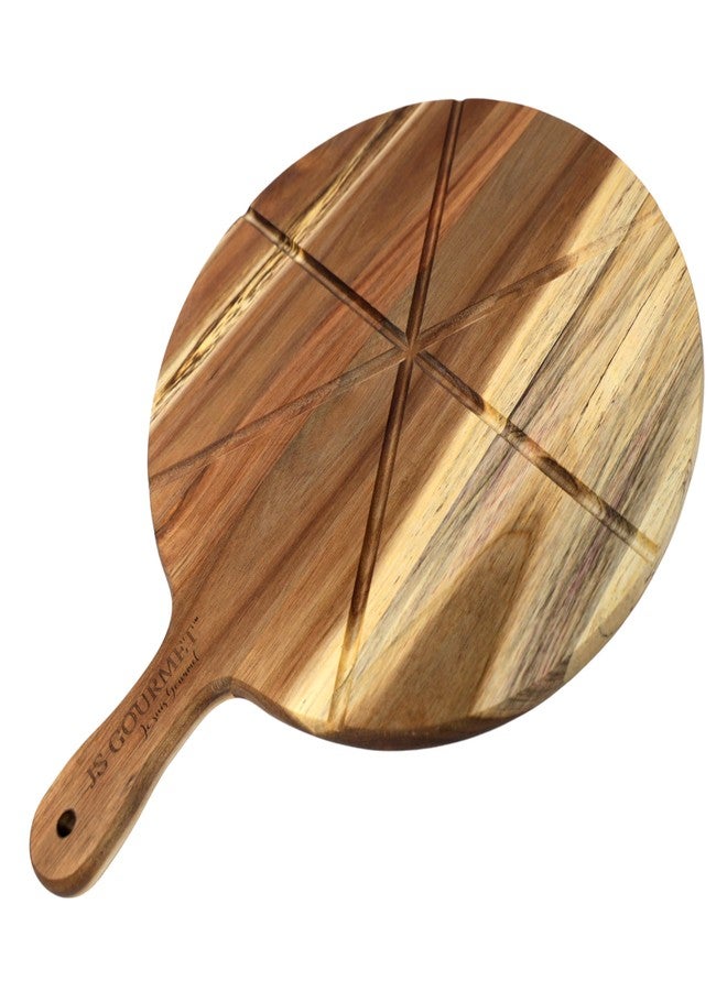 JS Gourmet 12 Inch Wooden Pizza Cutting Board with Handle and Engraved Sections for Precision Slicing, Perfect for Serving and Cutting Boards for Pizza, Cheese, Meats, and Crackers - Image 1