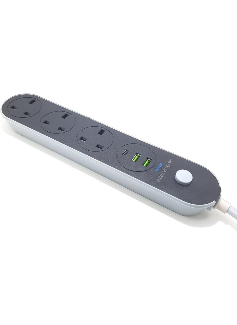 Luxoraq Power Extension Cord with USB, 2M Power Strip, 3 UK Plug Outlets, 2 USB Ports & 1 Type-C Port, 13A Surge Protector, Heavy Duty Extension Socket with Safety Shutter for Home, Office & Kitchen  - Image 2