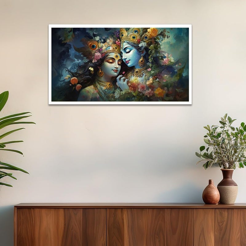 DEKORSTATION Beautiful Radha Krishna Canvas Painting for Home Dcor Radha Krishna Religious Painting With Frame Wall Art Painting Multicolor Framed Painting Size 12x24 Inch FF_772DS - Image 1