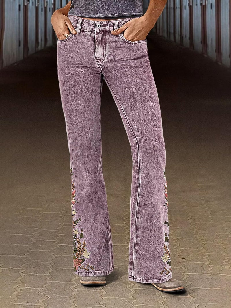 Flamingals Women's Floral Embroidery Mid Waist High Stretch Bootcut Jeans with Pockets Mauve M - Image 2