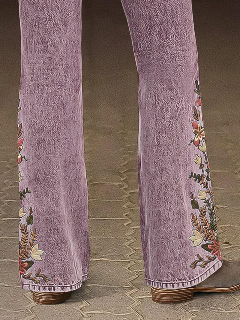 Flamingals Women's Floral Embroidery Mid Waist High Stretch Bootcut Jeans with Pockets Mauve M - Image 3
