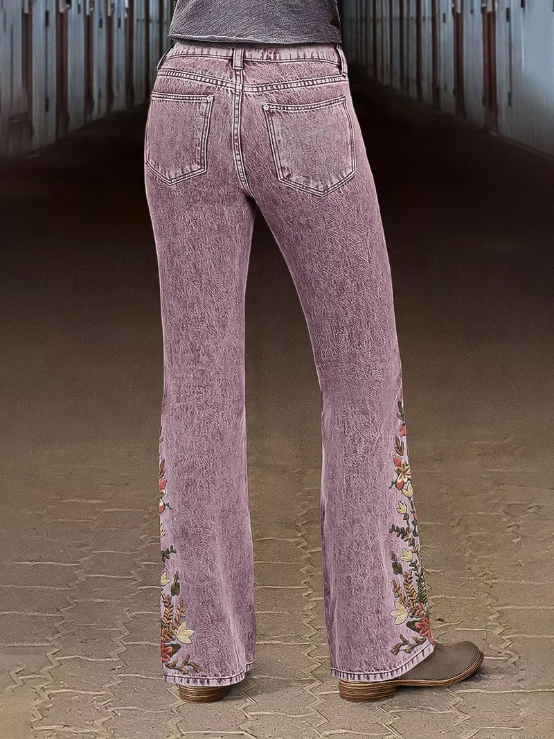 Flamingals Women's Floral Embroidery Mid Waist High Stretch Bootcut Jeans with Pockets Mauve M - Image 4
