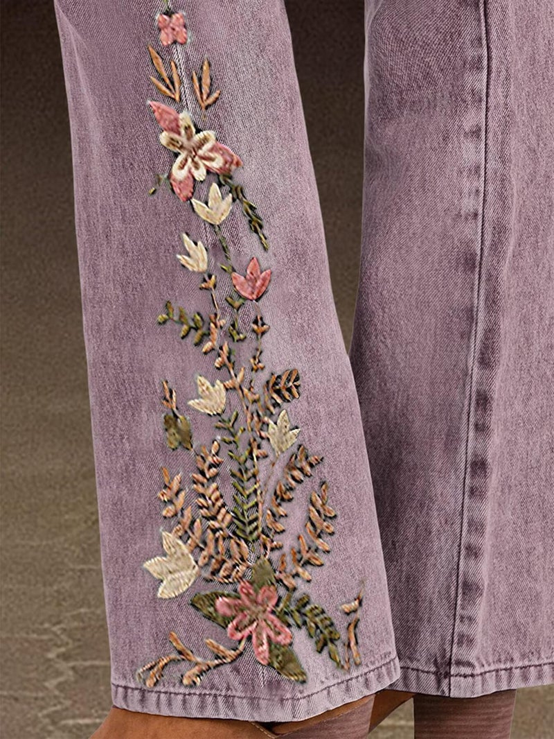 Flamingals Women's Floral Embroidery Mid Waist High Stretch Bootcut Jeans with Pockets Mauve M - Image 5