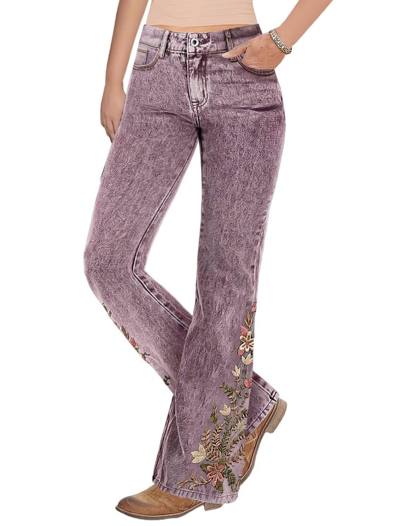 Flamingals Women's Floral Embroidery Mid Waist High Stretch Bootcut Jeans with Pockets Mauve M - Image 1