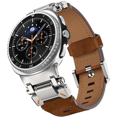 WINGLE Leather Band for Galaxy Watch 8/8 Classic Band Samsung Galaxy Watch 8 Bands Men 46mm 44mm 40mm Rugged Top Grain Genuine Leather Strap Metal Connector Armor Classy Casual Business Bands, Brown - Image 1