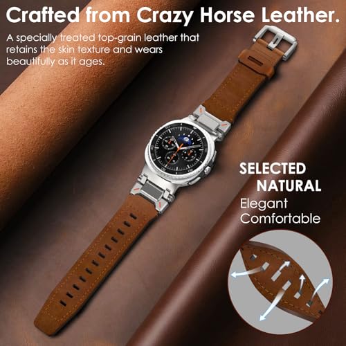 WINGLE Leather Band for Galaxy Watch 8/8 Classic Band Samsung Galaxy Watch 8 Bands Men 46mm 44mm 40mm Rugged Top Grain Genuine Leather Strap Metal Connector Armor Classy Casual Business Bands, Brown - Image 4