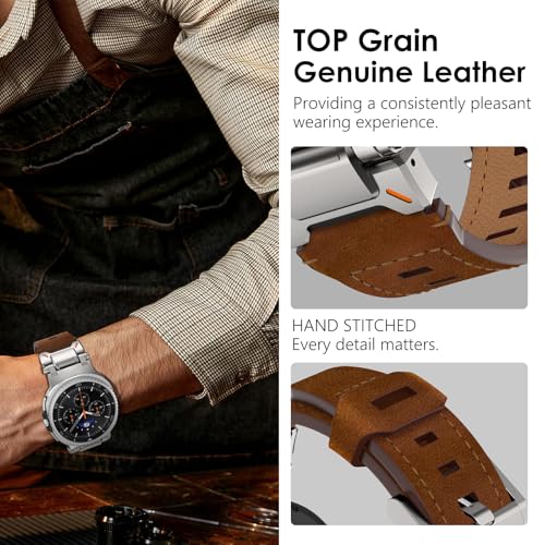 WINGLE Leather Band for Galaxy Watch 8/8 Classic Band Samsung Galaxy Watch 8 Bands Men 46mm 44mm 40mm Rugged Top Grain Genuine Leather Strap Metal Connector Armor Classy Casual Business Bands, Brown - Image 5