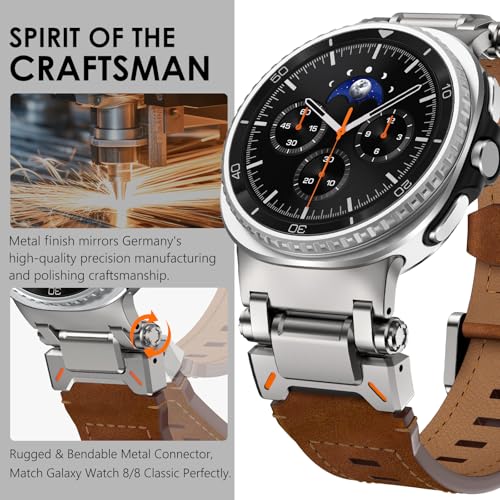 WINGLE Leather Band for Galaxy Watch 8/8 Classic Band Samsung Galaxy Watch 8 Bands Men 46mm 44mm 40mm Rugged Top Grain Genuine Leather Strap Metal Connector Armor Classy Casual Business Bands, Brown - Image 3