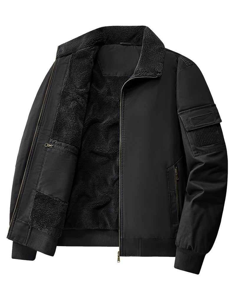 Eisctnd Men's Winter Sherpa Lined Bomber Jacket, Heavy Duty Warm Fleece Coat for Men with Zipper Pockets, Black, M - Image 2