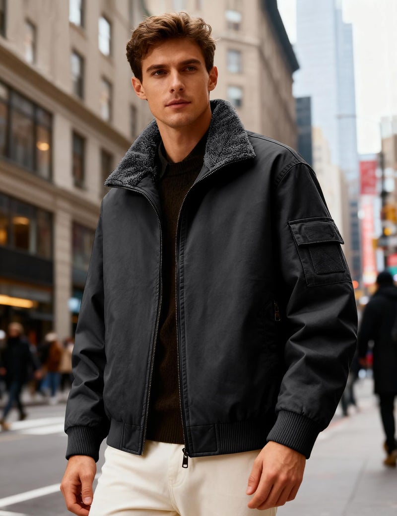 Eisctnd Men's Winter Sherpa Lined Bomber Jacket, Heavy Duty Warm Fleece Coat for Men with Zipper Pockets, Black, M - Image 4