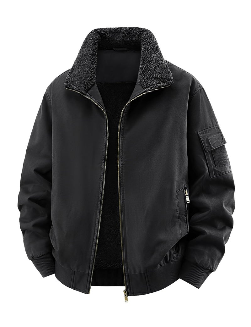 Eisctnd Men's Winter Sherpa Lined Bomber Jacket, Heavy Duty Warm Fleece Coat for Men with Zipper Pockets, Black, M - Image 1
