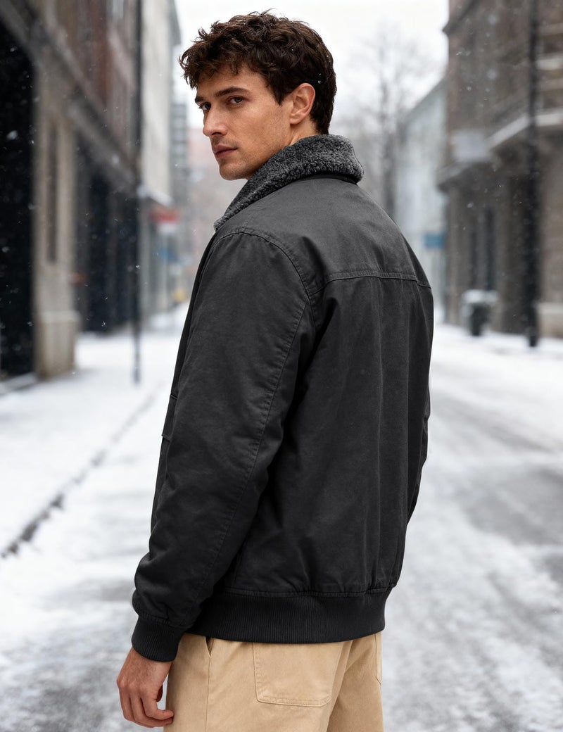 Eisctnd Men's Winter Sherpa Lined Bomber Jacket, Heavy Duty Warm Fleece Coat for Men with Zipper Pockets, Black, M - Image 5