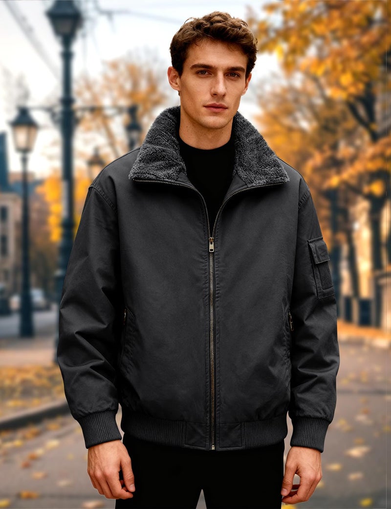 Eisctnd Men's Winter Sherpa Lined Bomber Jacket, Heavy Duty Warm Fleece Coat for Men with Zipper Pockets, Black, M - Image 3