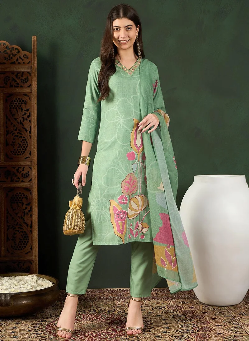 ZERESOUQ Green Silk Blend Floral Printed 3-Piece Kurta Set