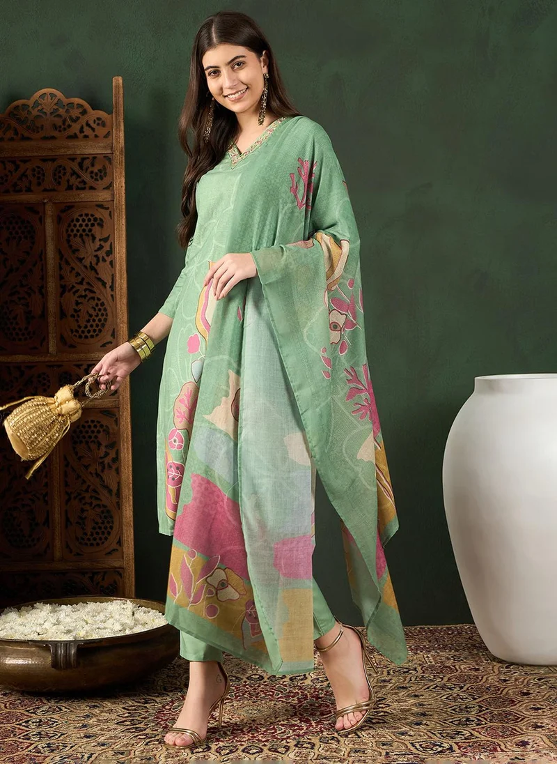 ZERESOUQ Green Silk Blend Floral Printed 3-Piece Kurta Set