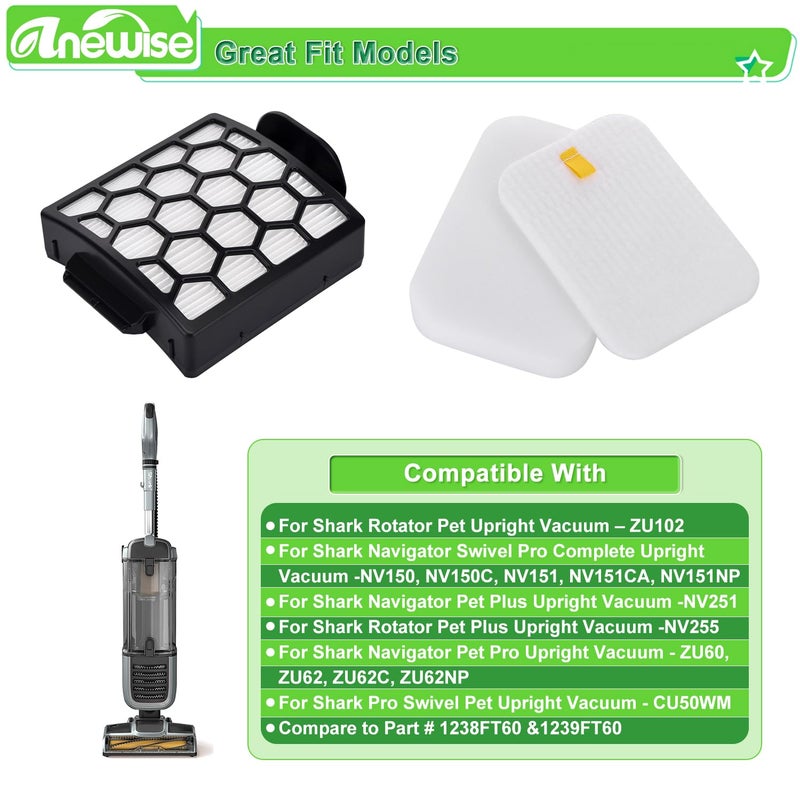 Anewise Replacement Filter for Shark Navigator Zero-M Pet Pro ZU102 ZU60 ZU62 ZU62C ZU55 NV150 NV150C NV151 NV251 Rotator Pet NV255 Upright Vacuum, 2 + 6 Foam Felt Filters, Part # 1238FT60 & 1239FT60 - Image 2