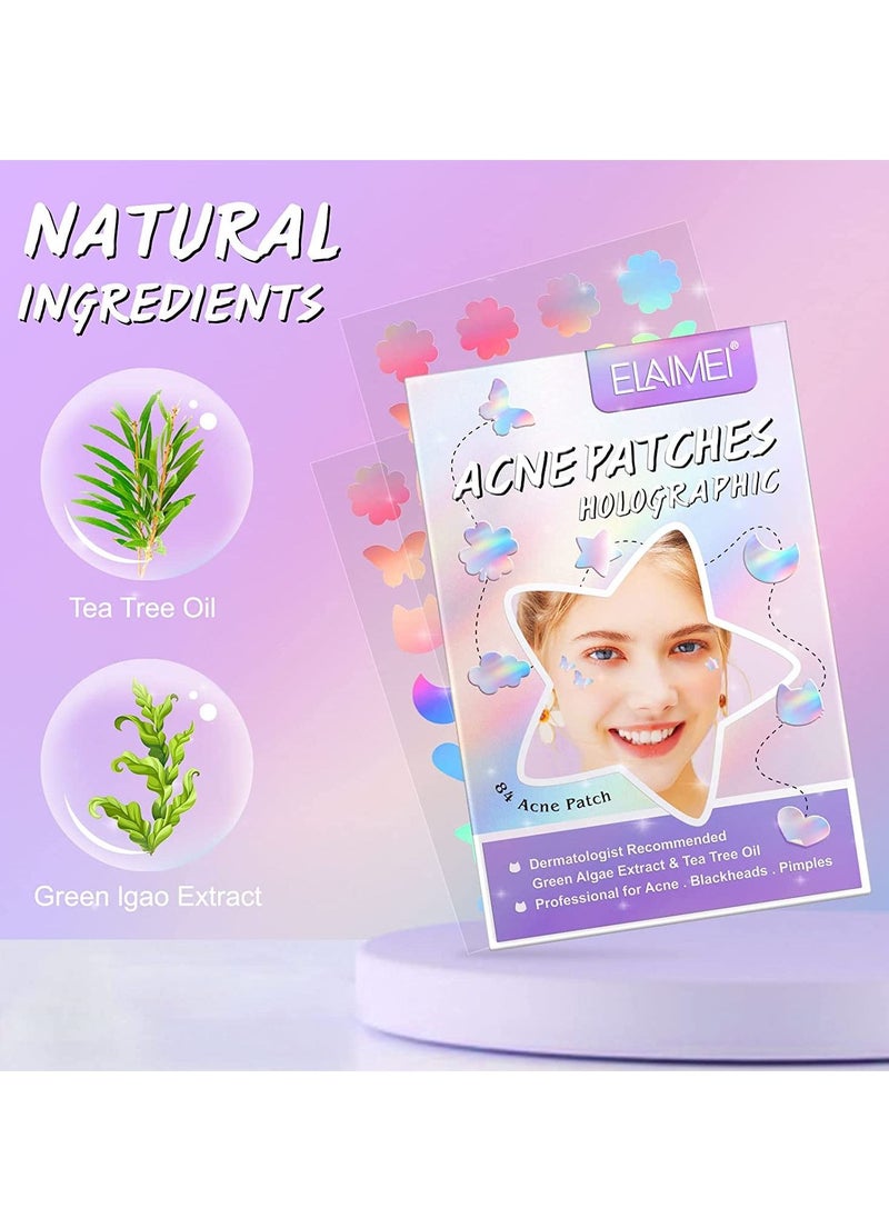 Elaimei 84 Pcs Acne Patches Holographic Acne Remover Patches with Extract Tea Tree Oil for Hydrocolloid Acne Treatment Reduces Pimples Blemishes Spots Dermatologist Recommended Cute Pimple Stickers  - Image 3