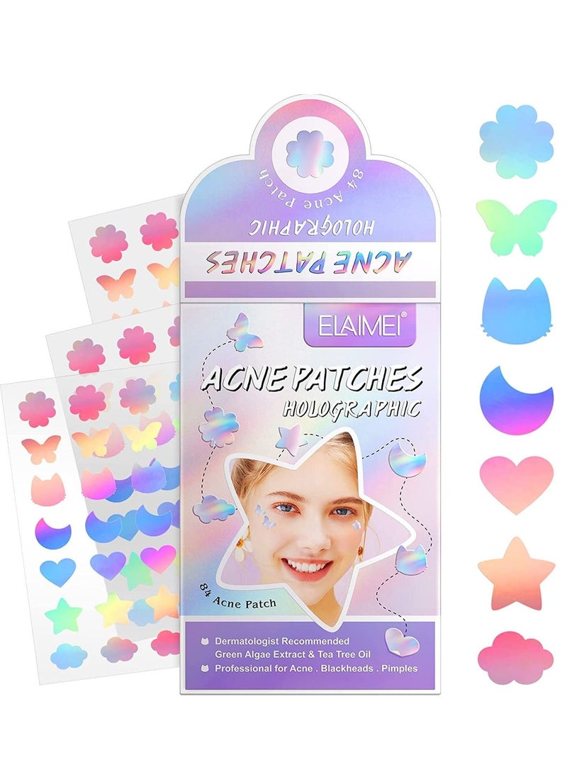 Elaimei 84 Pcs Acne Patches Holographic Acne Remover Patches with Extract Tea Tree Oil for Hydrocolloid Acne Treatment Reduces Pimples Blemishes Spots Dermatologist Recommended Cute Pimple Stickers  - Image 1