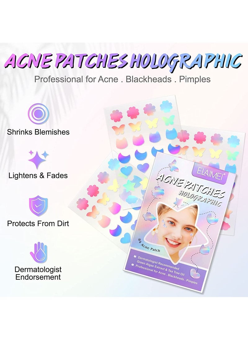 Elaimei 84 Pcs Acne Patches Holographic Acne Remover Patches with Extract Tea Tree Oil for Hydrocolloid Acne Treatment Reduces Pimples Blemishes Spots Dermatologist Recommended Cute Pimple Stickers  - Image 2