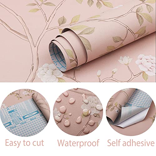 Hopepak 15.3''x394'' Floral Peel and Stick Wallpaper Self Adhesive Removable Contact Paper Pink Wall Paper for Bedroom Mural Nursery Decor - Image 5
