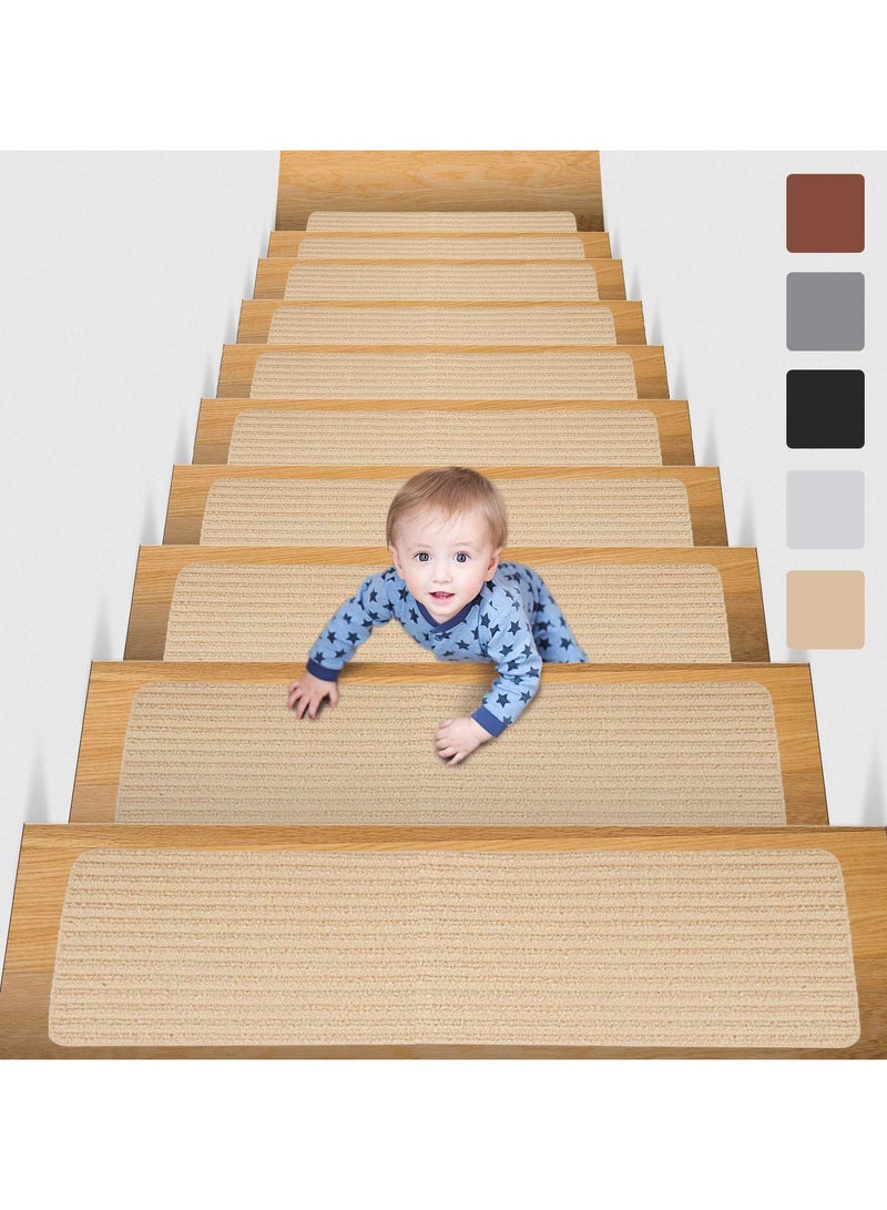 10 قطع من سجاد مداس السلالم غير قابل للانزلاق، سجاد سلالم خشبي داخلي مضاد للتحرك، سلالم حديثة، عداء للكلاب الأطفال، سجادة سلم ذاتية اللصق للأطفال والكلاب، 76 × 20.3 سم (بيج) - Image 1