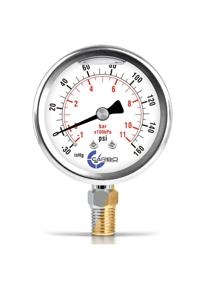 CARBO Instruments Stainless Steel Pressure Gauge Dual Display (-30 Hg - 0-160 psi/kPa) - 2 1-2" Glycerine Liquid Filled Water Air Oil Gas Gauge with Polycarbonate Lens - Compound Vacuum - 1/4" NPT - Image 1