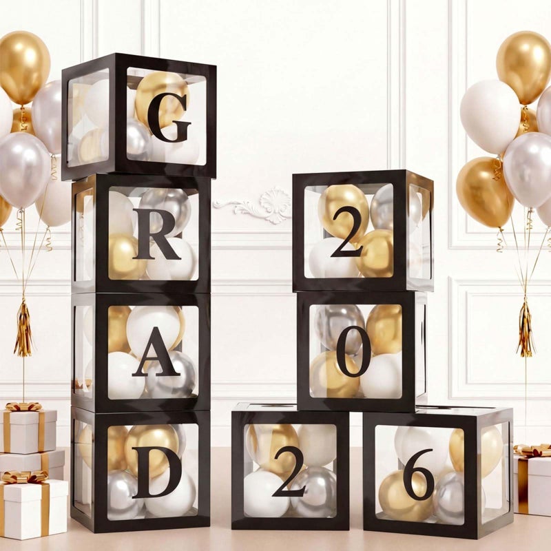 Ledido 2026 Graduation Balloon Boxes Decorations, 4 Pieces Black Clear Grad Balloon boxes with Letters, Class of 2026 Graduation Party Supplies for College, High School, Prom, Birthday, Baby Shower - Image 1