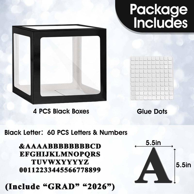 Ledido 2026 Graduation Balloon Boxes Decorations, 4 Pieces Black Clear Grad Balloon boxes with Letters, Class of 2026 Graduation Party Supplies for College, High School, Prom, Birthday, Baby Shower - Image 2