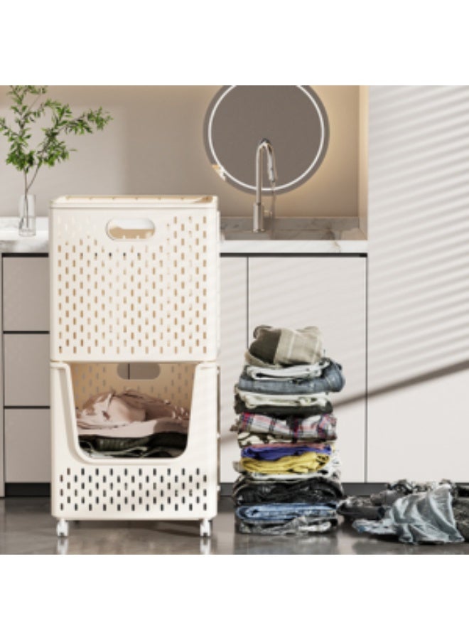 Marcolo 2-Layer Plastic Foldable Laundry Basket with Wheels – White – Space-Saving Clothes Organizer for Laundry, Bathroom & Bedroom - Image 1
