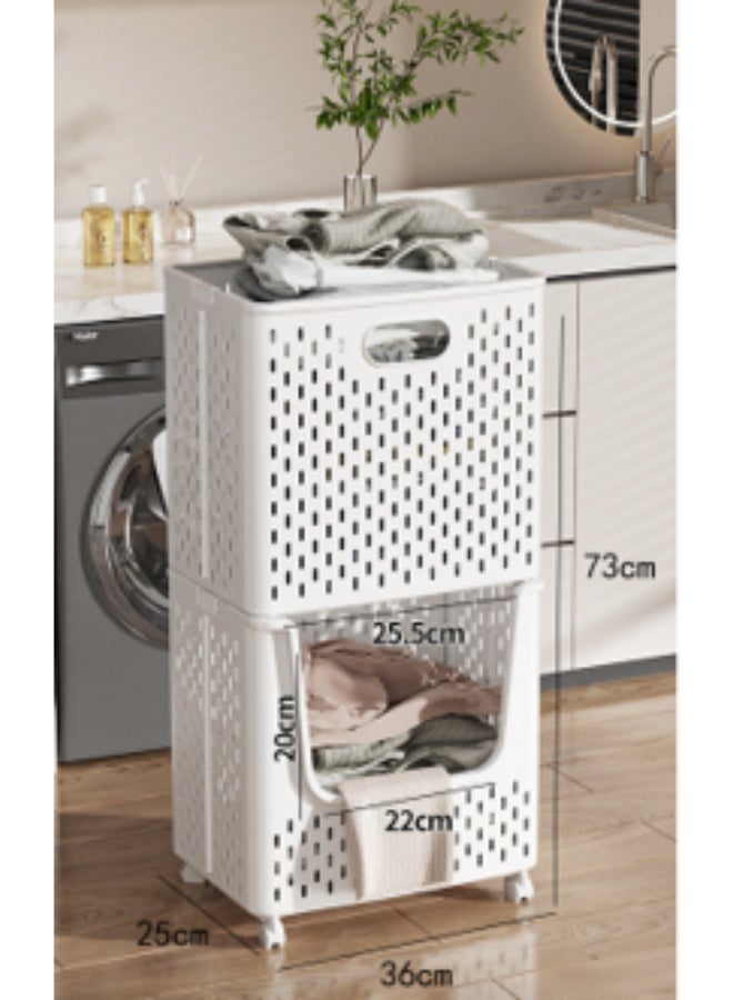 Marcolo 2-Layer Plastic Foldable Laundry Basket with Wheels – White – Space-Saving Clothes Organizer for Laundry, Bathroom & Bedroom - Image 2