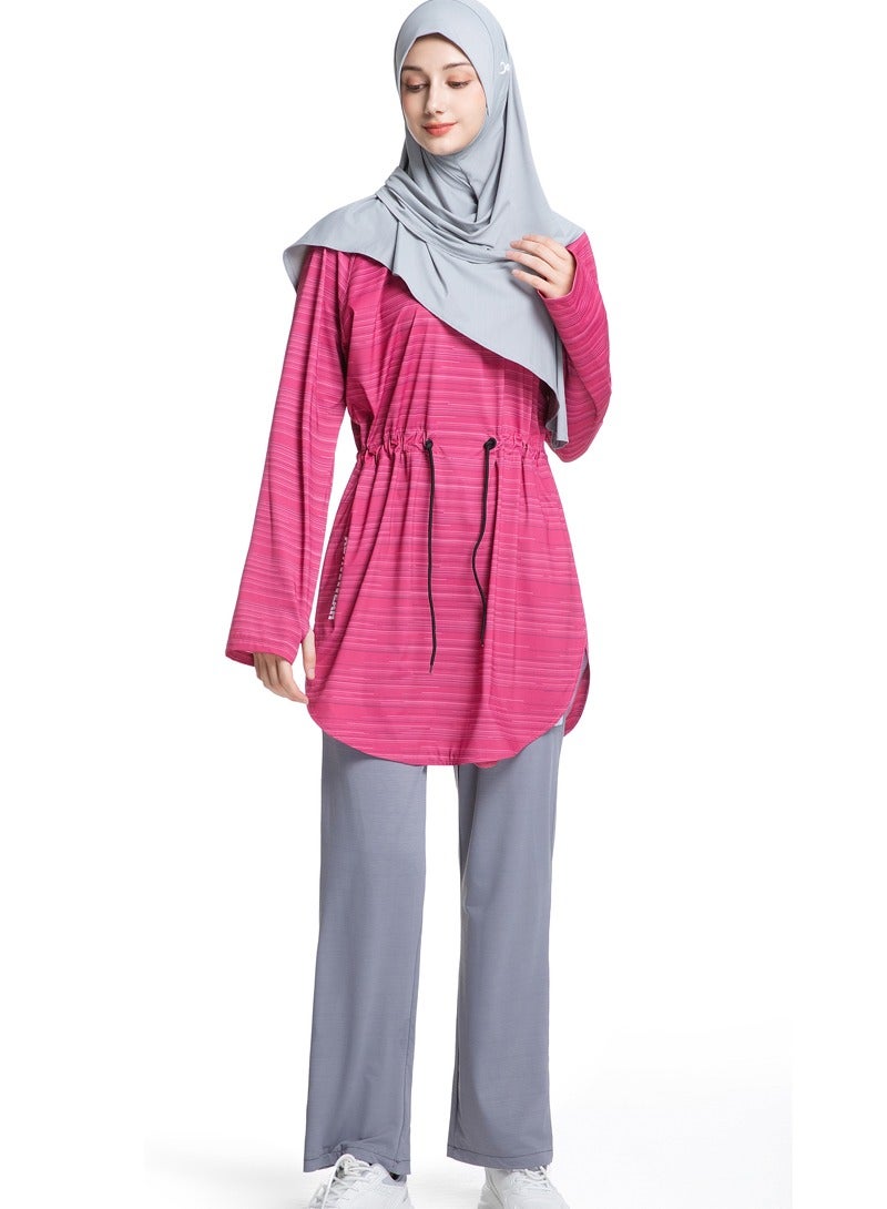 Modest Women's Sports Top  Loose Fit with Contoured Waist Longline Round-Neck Activewear - Image 3